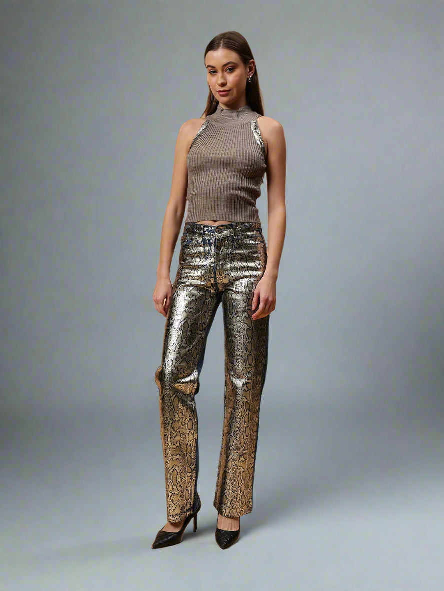 Gaiia High Neck Ribbed Knit Top - Brown