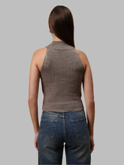 Gaiia High Neck Ribbed Knit Top - Brown