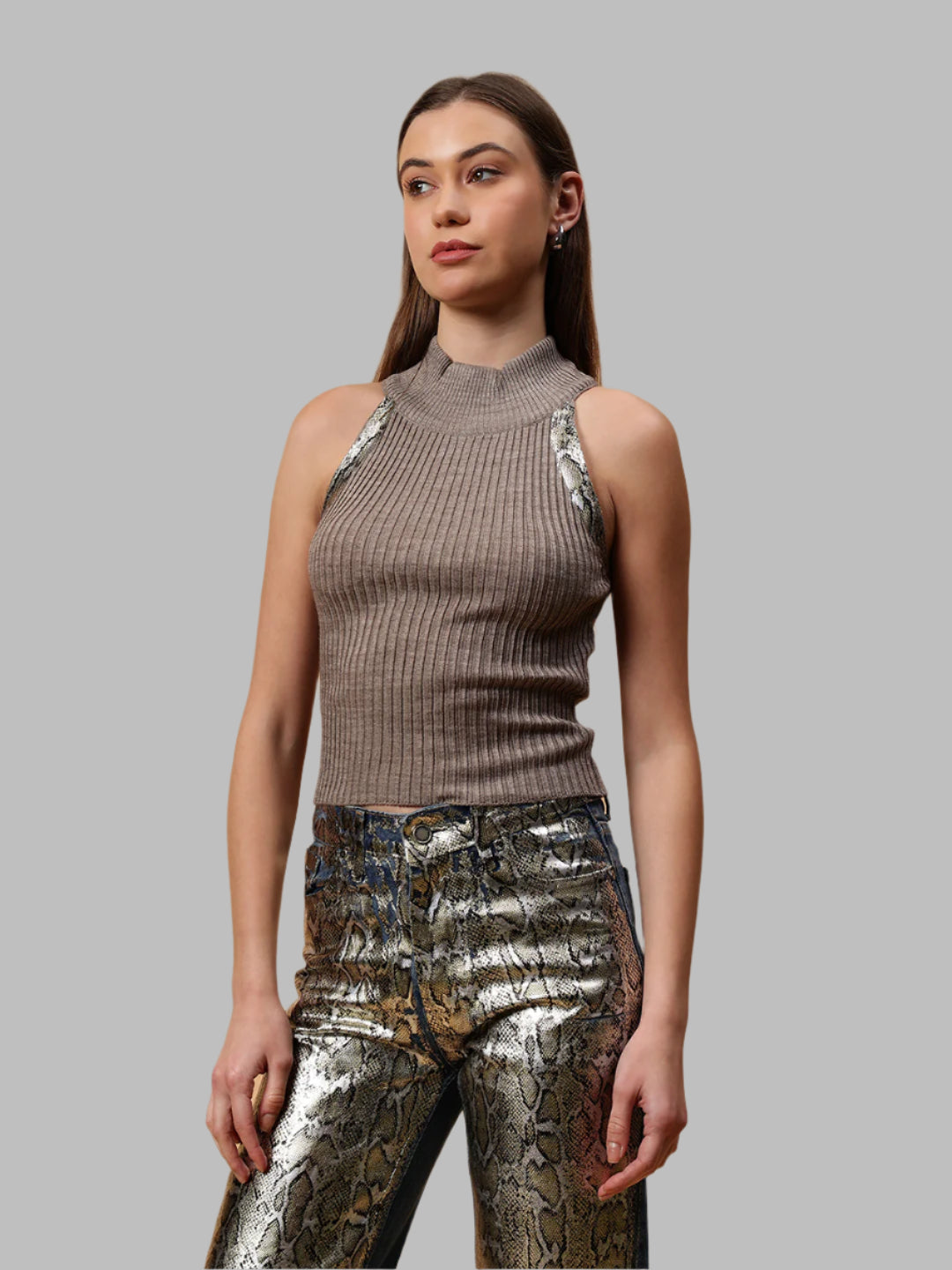 Gaiia High Neck Ribbed Knit Top - Brown