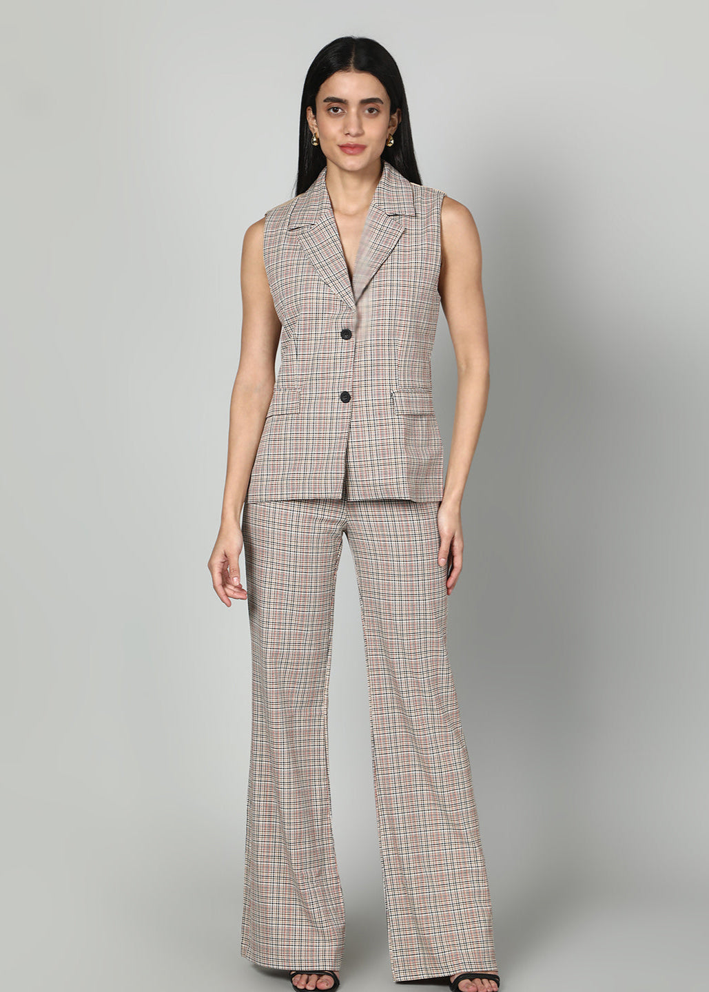 Gaiia Checkered Waistcoat And Trouser Set - Beige