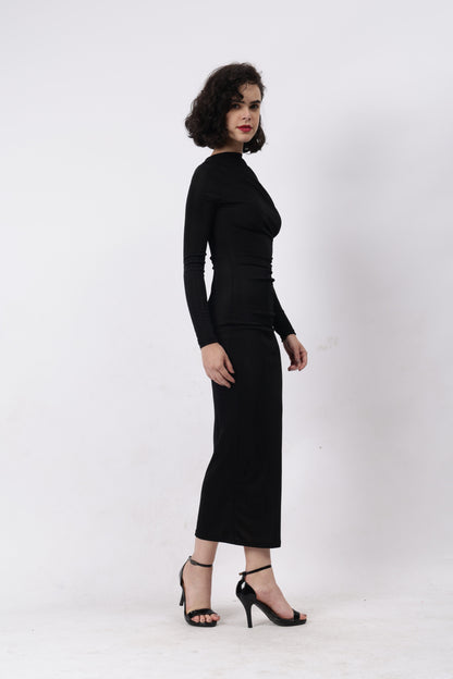 Gaiia Full Sleeves Gathered Long Dress - Black