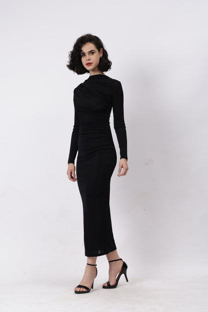 Gaiia Full Sleeves Gathered Long Dress - Black