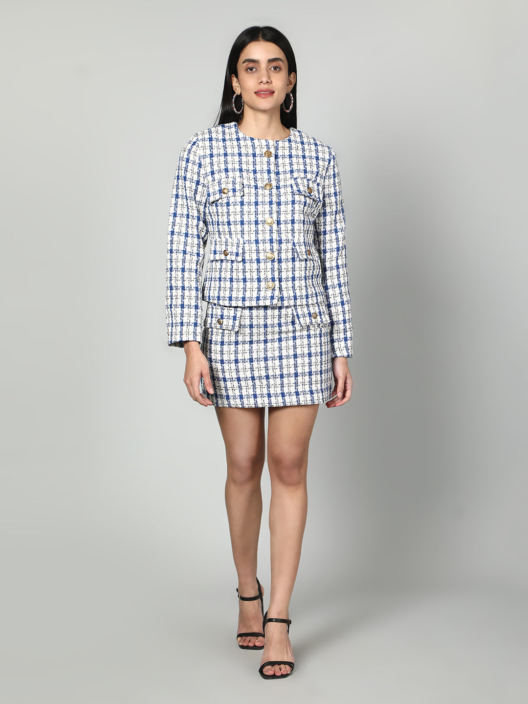 Gaiia Tweed Checkered Jacket & Skirt Set