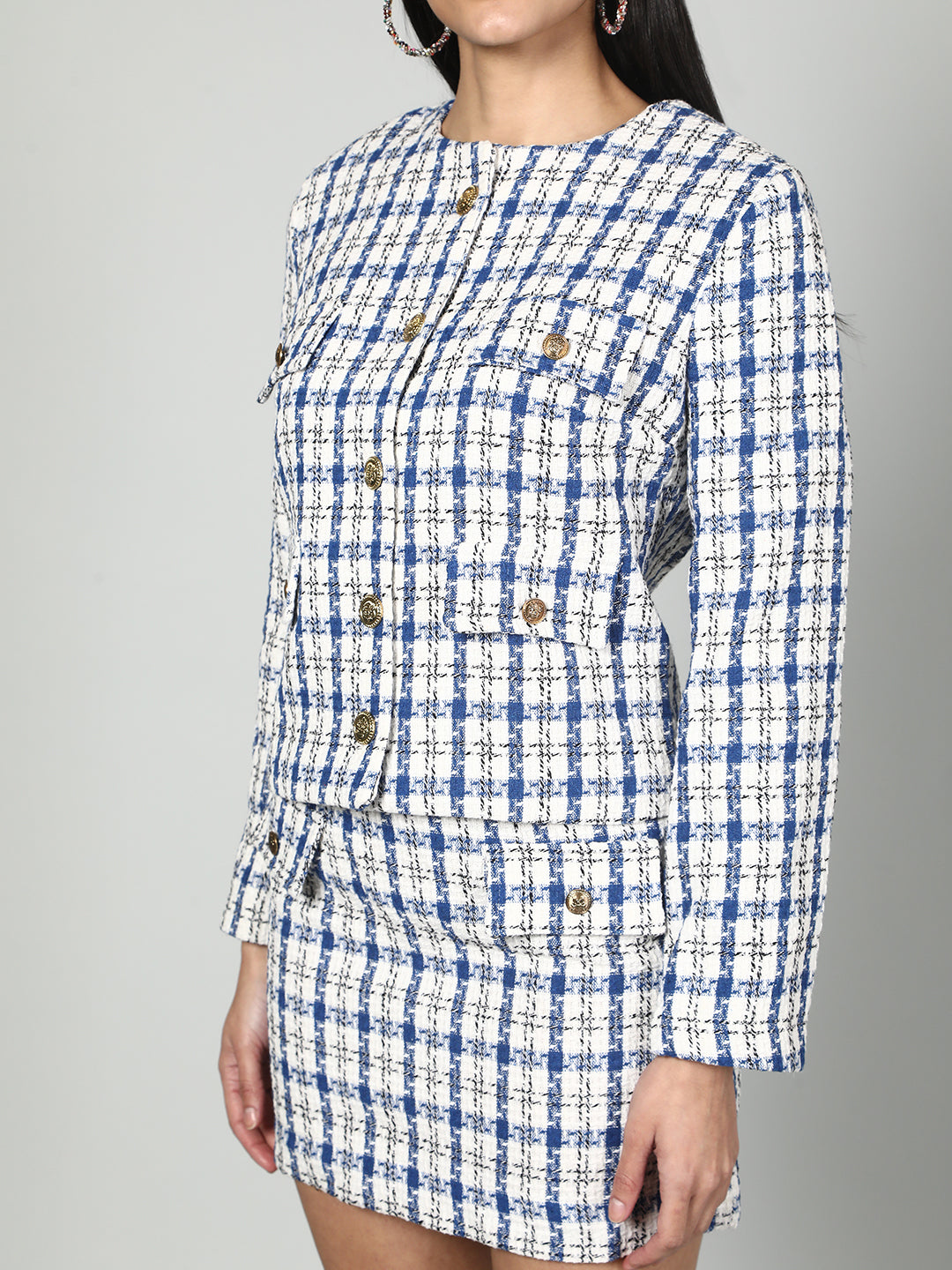 Gaiia Tweed Checkered Jacket & Skirt Set