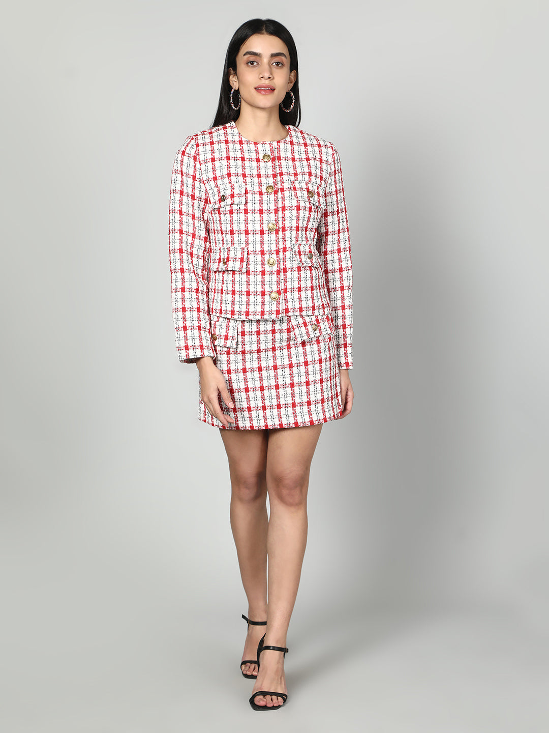 Gaiia Tweed Checkered Jacket & Skirt Set