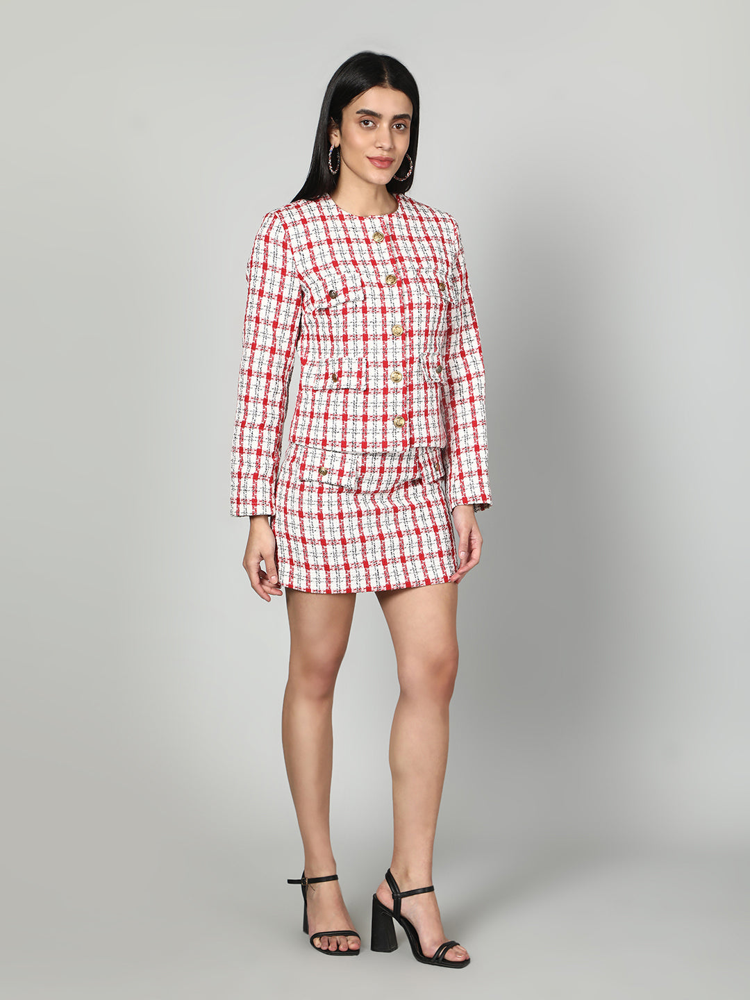 Gaiia Tweed Checkered Jacket & Skirt Set