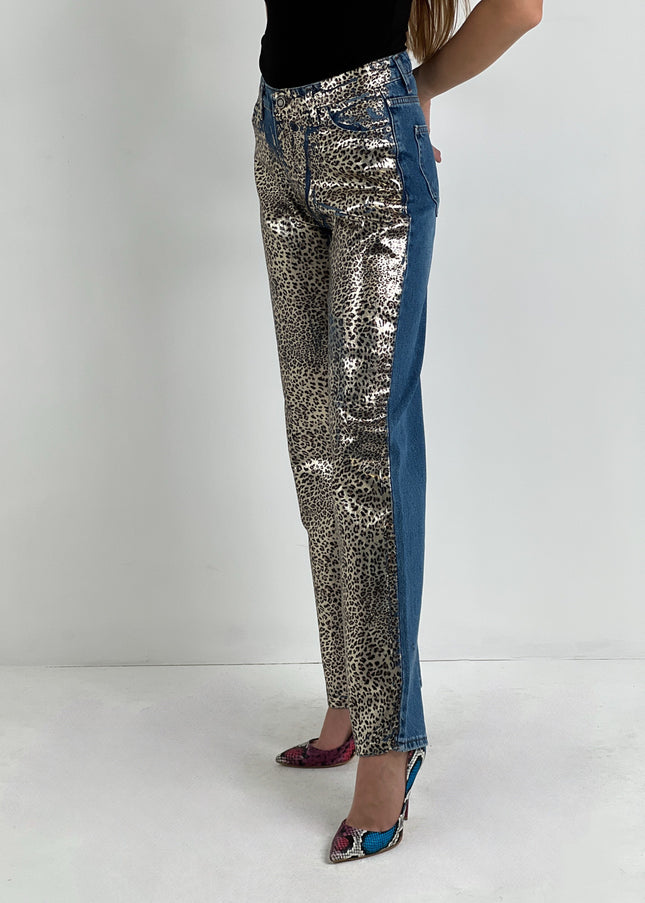 Golden Leopard Print Straight Leg Denim