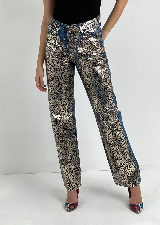 Golden Leopard Print Straight Leg Denim