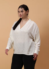 Gaiia Full Sleeves V-Neck Embellished Top - White