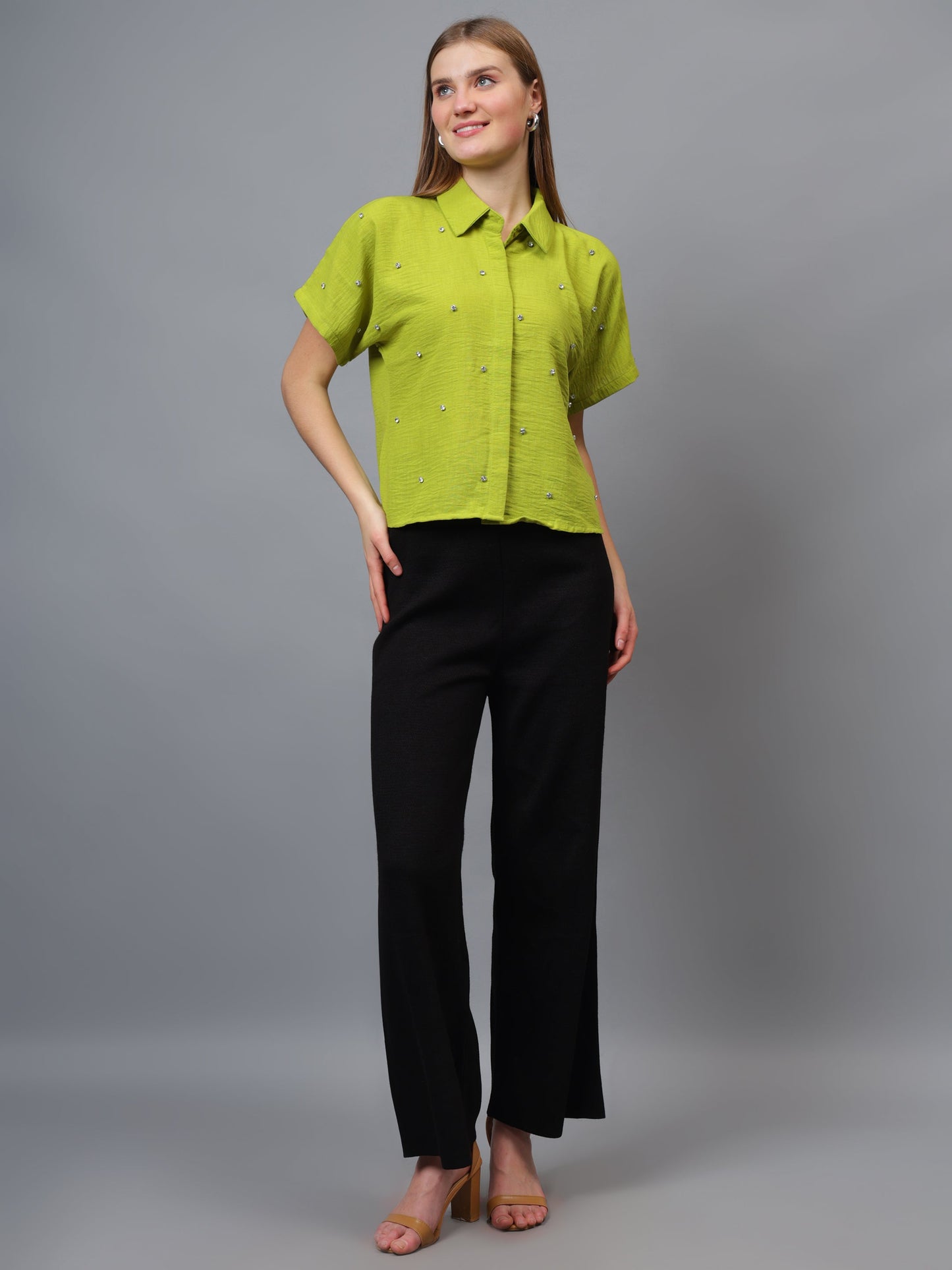 Gaiia Stone Collar Printed Crop Shirt