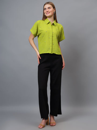 Gaiia Stone Collar Printed Crop Shirt