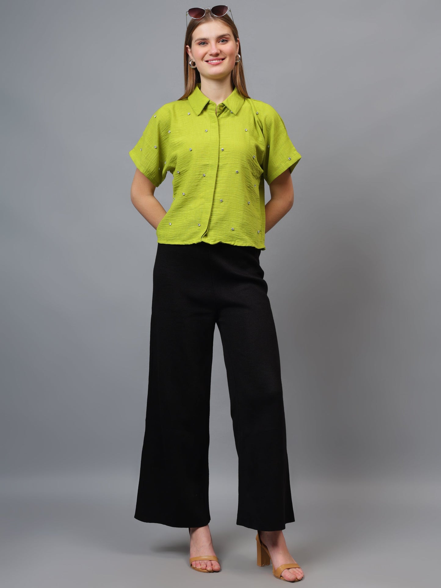 Gaiia Stone Collar Printed Crop Shirt