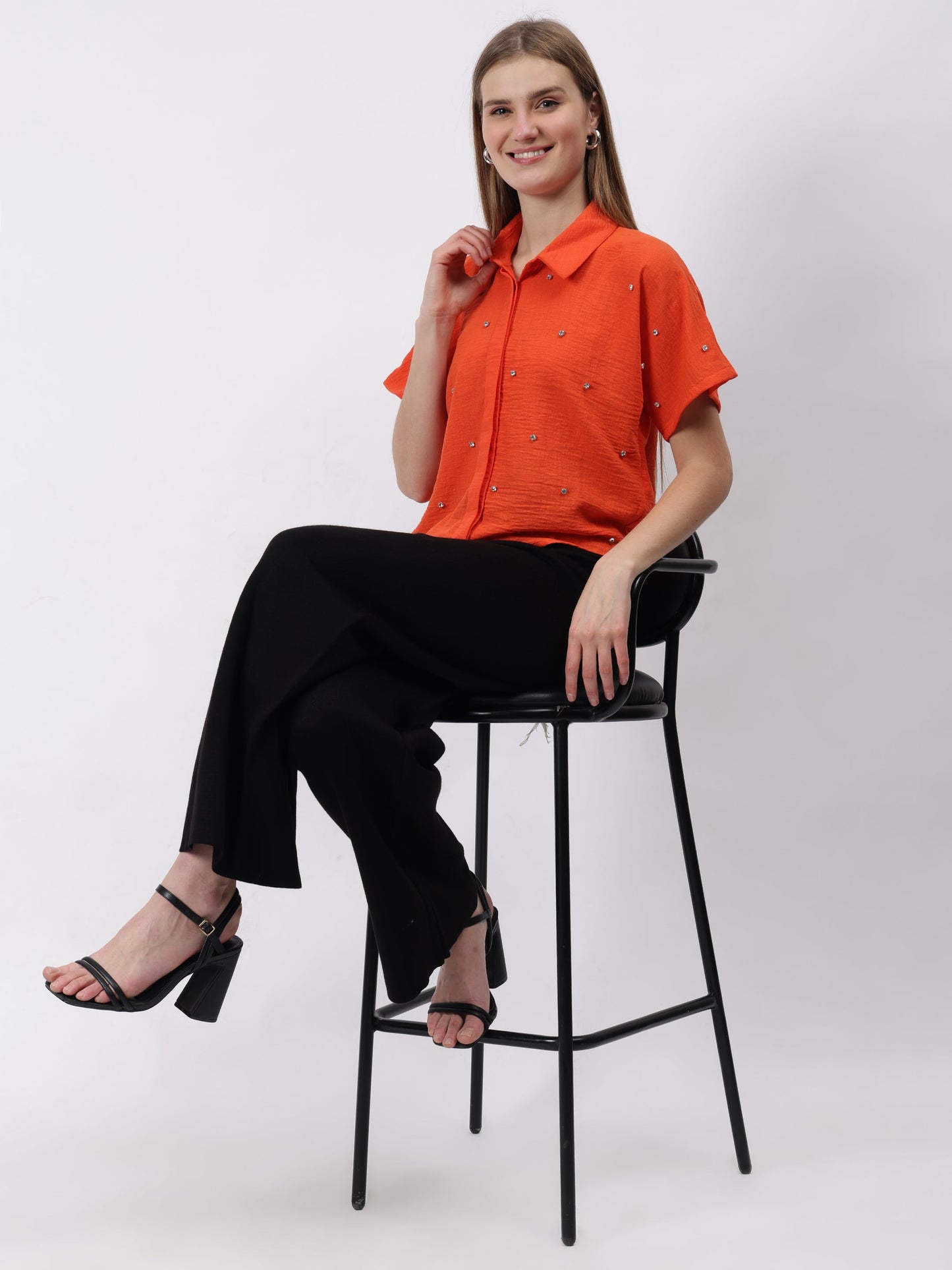 Gaiia Stone Collar Printed Crop Shirt