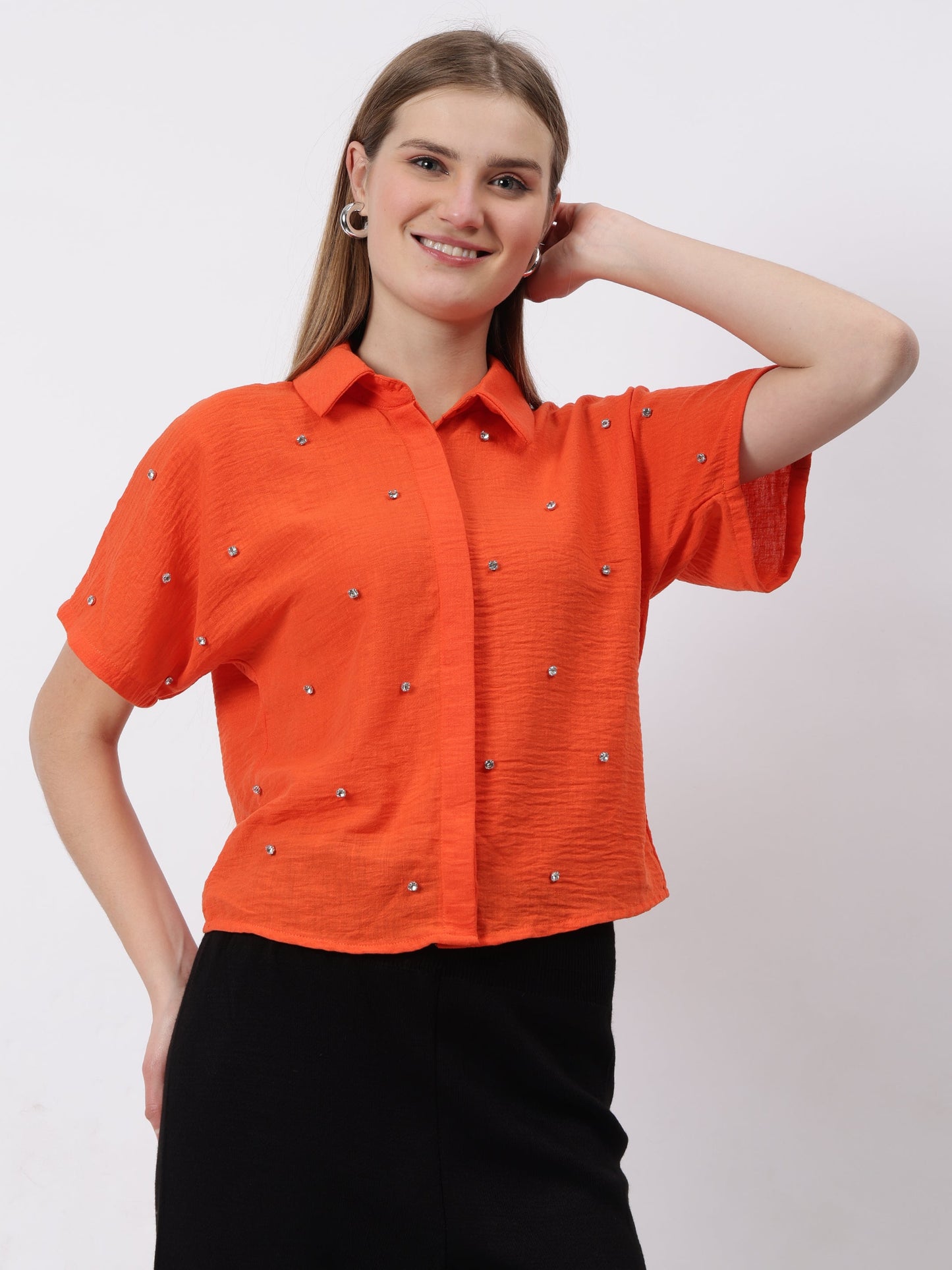 Gaiia Stone Collar Printed Crop Shirt