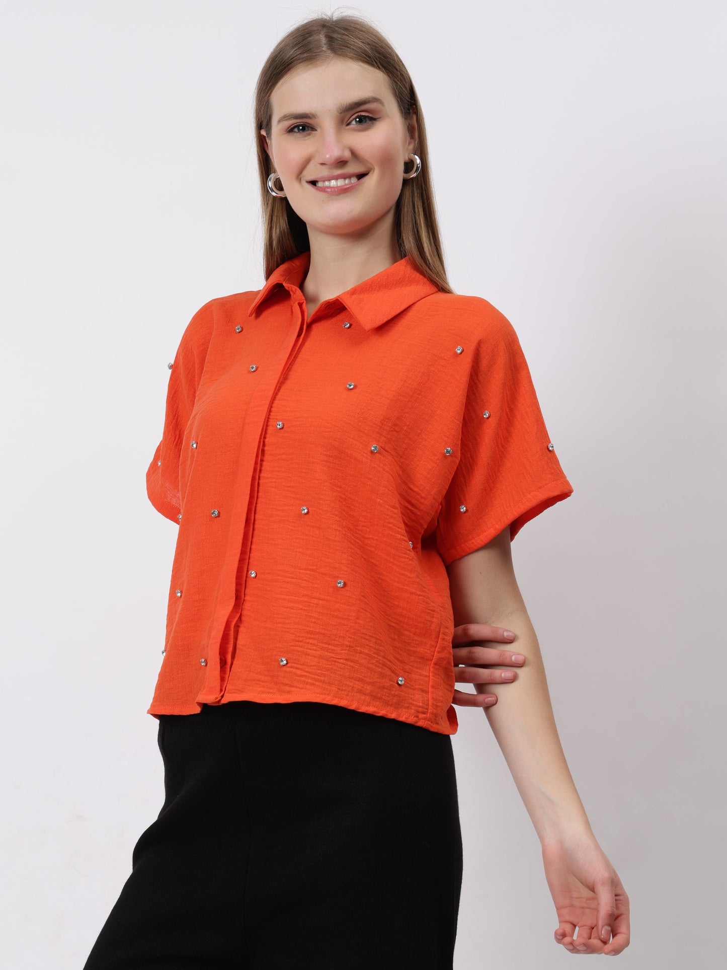 Gaiia Stone Collar Printed Crop Shirt