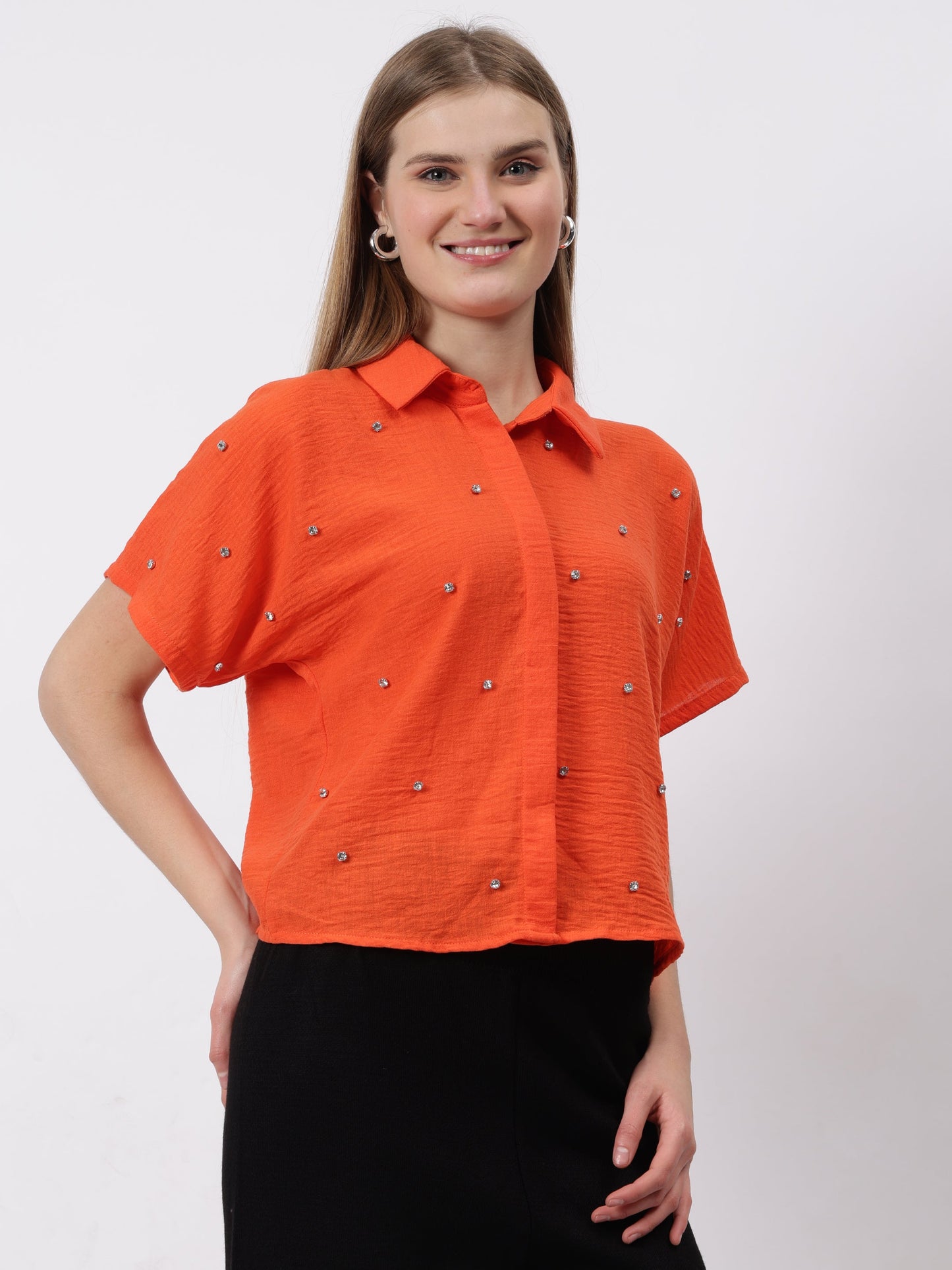 Gaiia Stone Collar Printed Crop Shirt