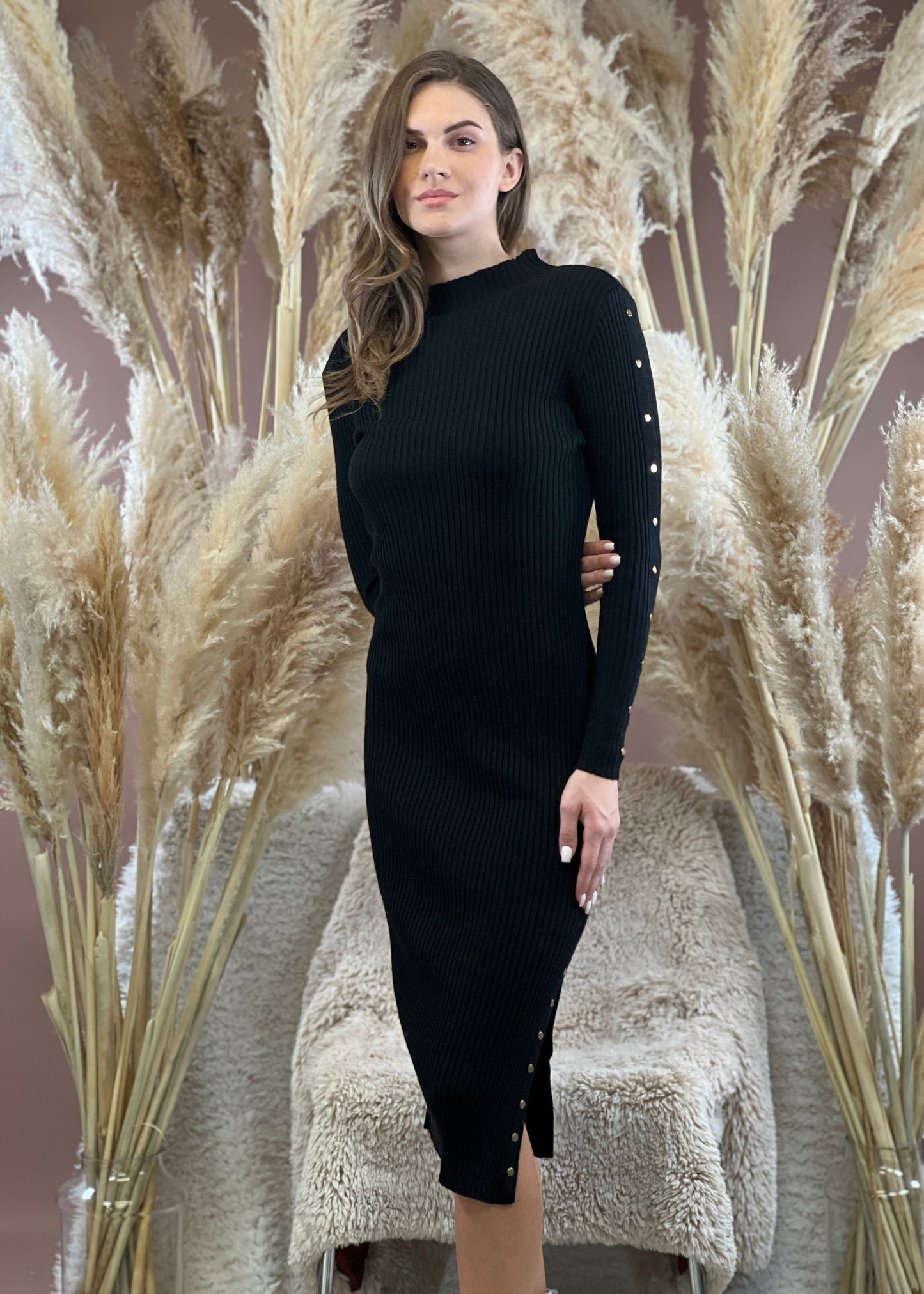 Gaiia Slit Ribbed Knit Midi Dress