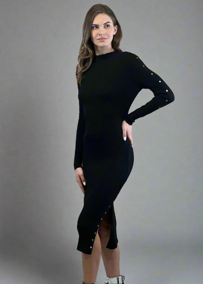 Gaiia Slit Ribbed Knit Midi Dress