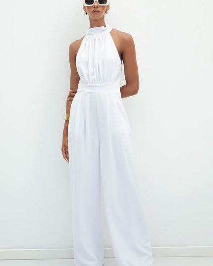 HALTER NECK SLEEVELESS SOLID COLOR JUMPSUIT