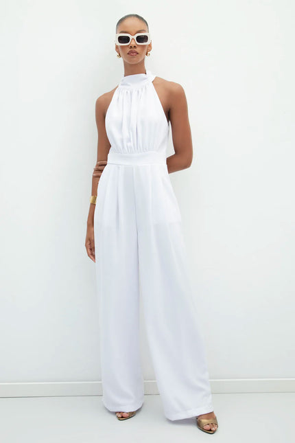 HALTER NECK SLEEVELESS SOLID COLOR JUMPSUIT