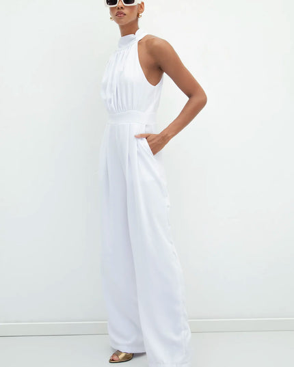 HALTER NECK SLEEVELESS SOLID COLOR JUMPSUIT