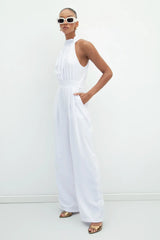 Gaiia Halter Neck Sleeveless Solid Color Jumpsuit - White