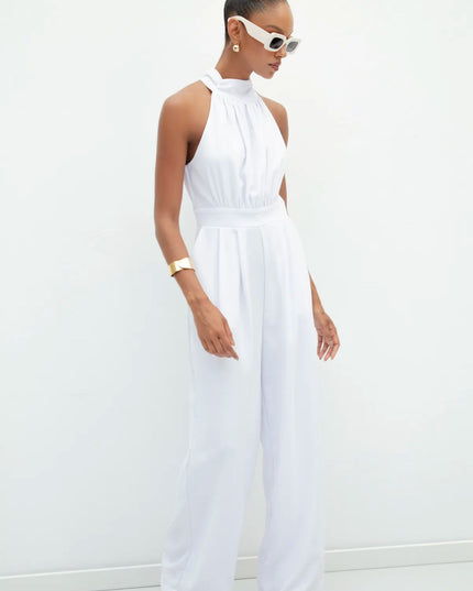 HALTER NECK SLEEVELESS SOLID COLOR JUMPSUIT