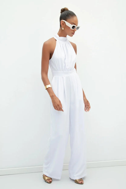 Gaiia Halter Neck Sleeveless Solid Color Jumpsuit - White