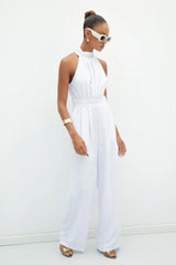 Gaiia Halter Neck Sleeveless Solid Color Jumpsuit - White