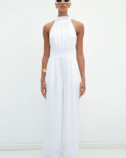 HALTER NECK SLEEVELESS SOLID COLOR JUMPSUIT