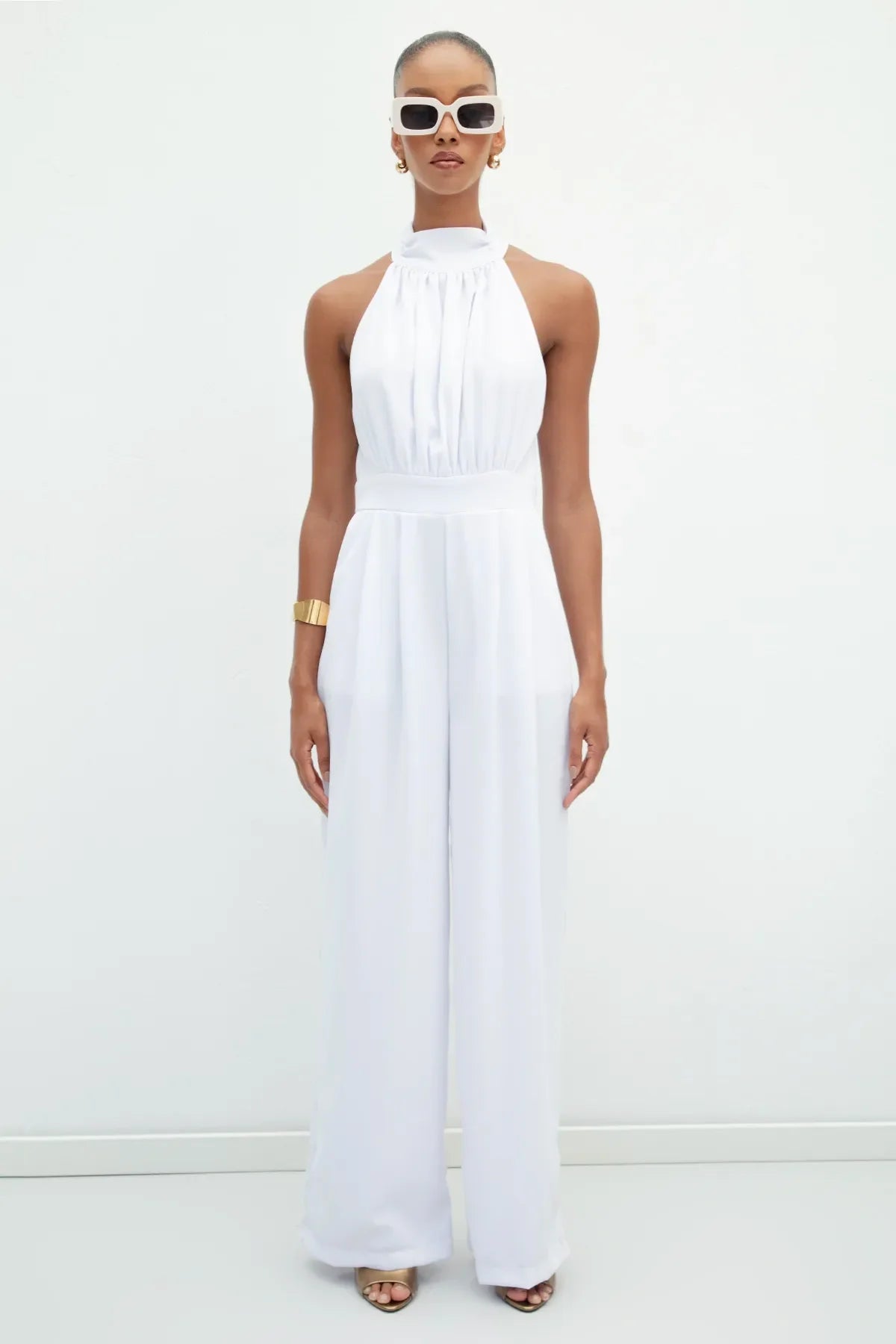 Gaiia Halter Neck Sleeveless Solid Color Jumpsuit - White