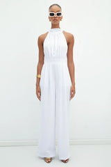 Gaiia Halter Neck Sleeveless Solid Color Jumpsuit - White