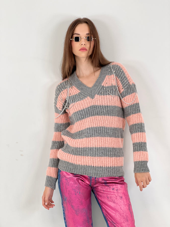 Striped Pattern Oversize Knitwear Sweater