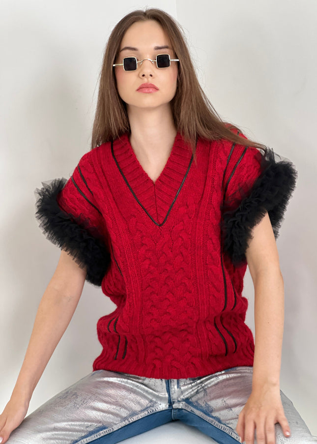 Sleeveless Knit Vest With Tulle Sleeves