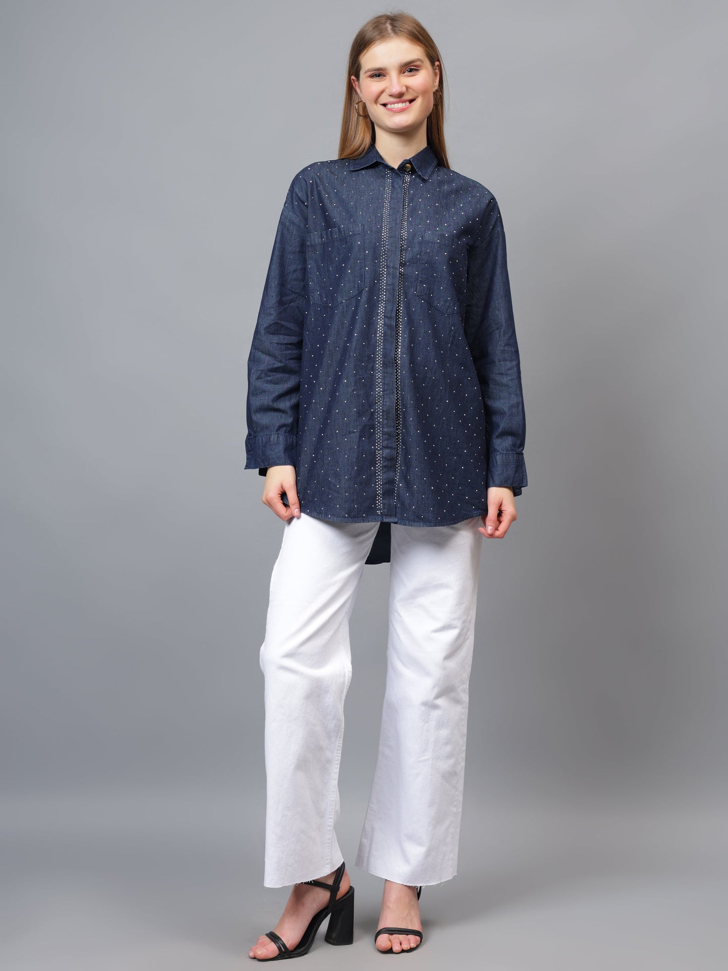 Gaiia Swaroski Studded Blue Denim Shirt - Blue