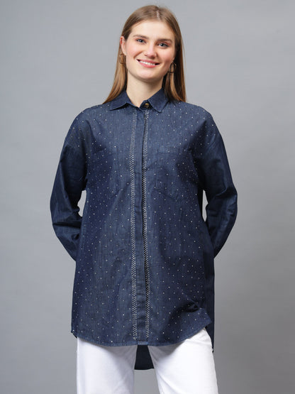 Gaiia Swaroski Studded Blue Denim Shirt - Blue