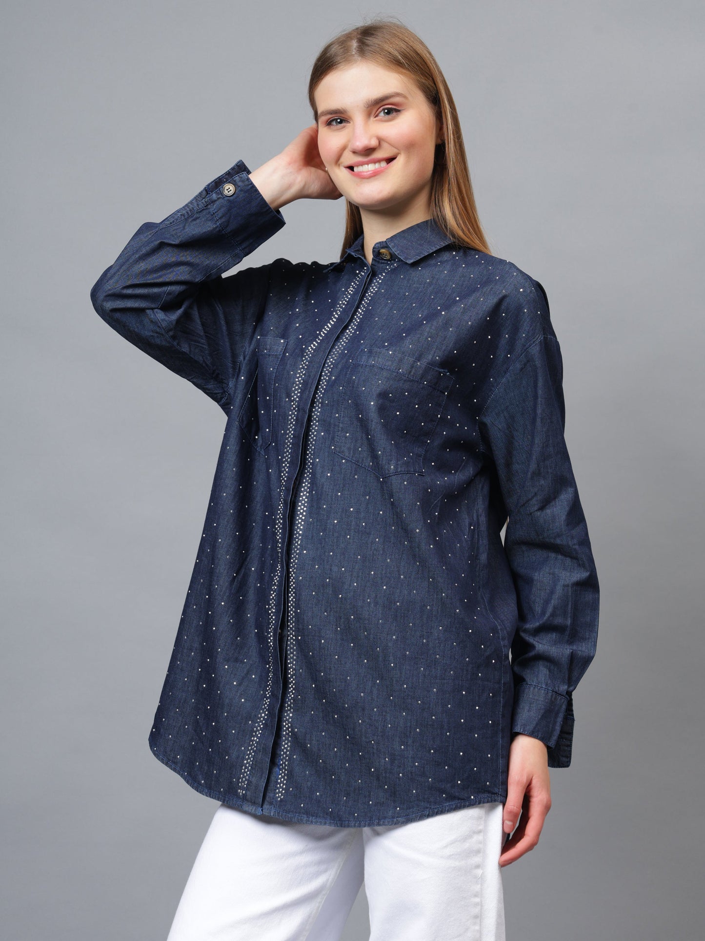 Gaiia Swaroski Studded Blue Denim Shirt - Blue