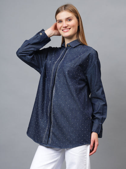 Gaiia Swaroski Studded Blue Denim Shirt - Blue