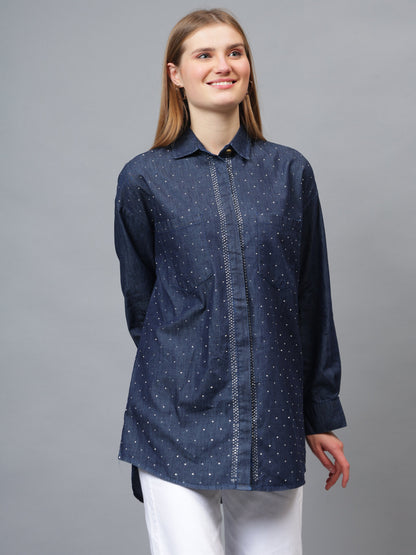 Gaiia Swaroski Studded Blue Denim Shirt - Blue