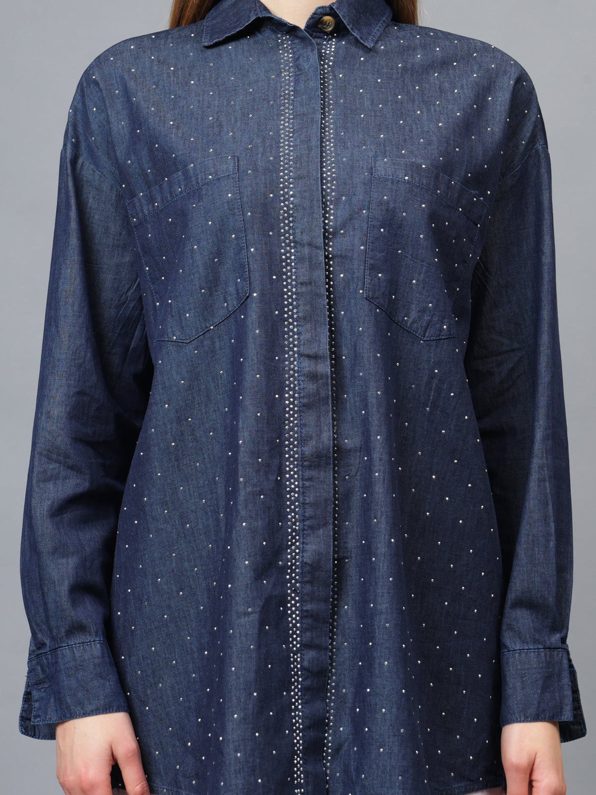 Gaiia Swaroski Studded Blue Denim Shirt - Blue