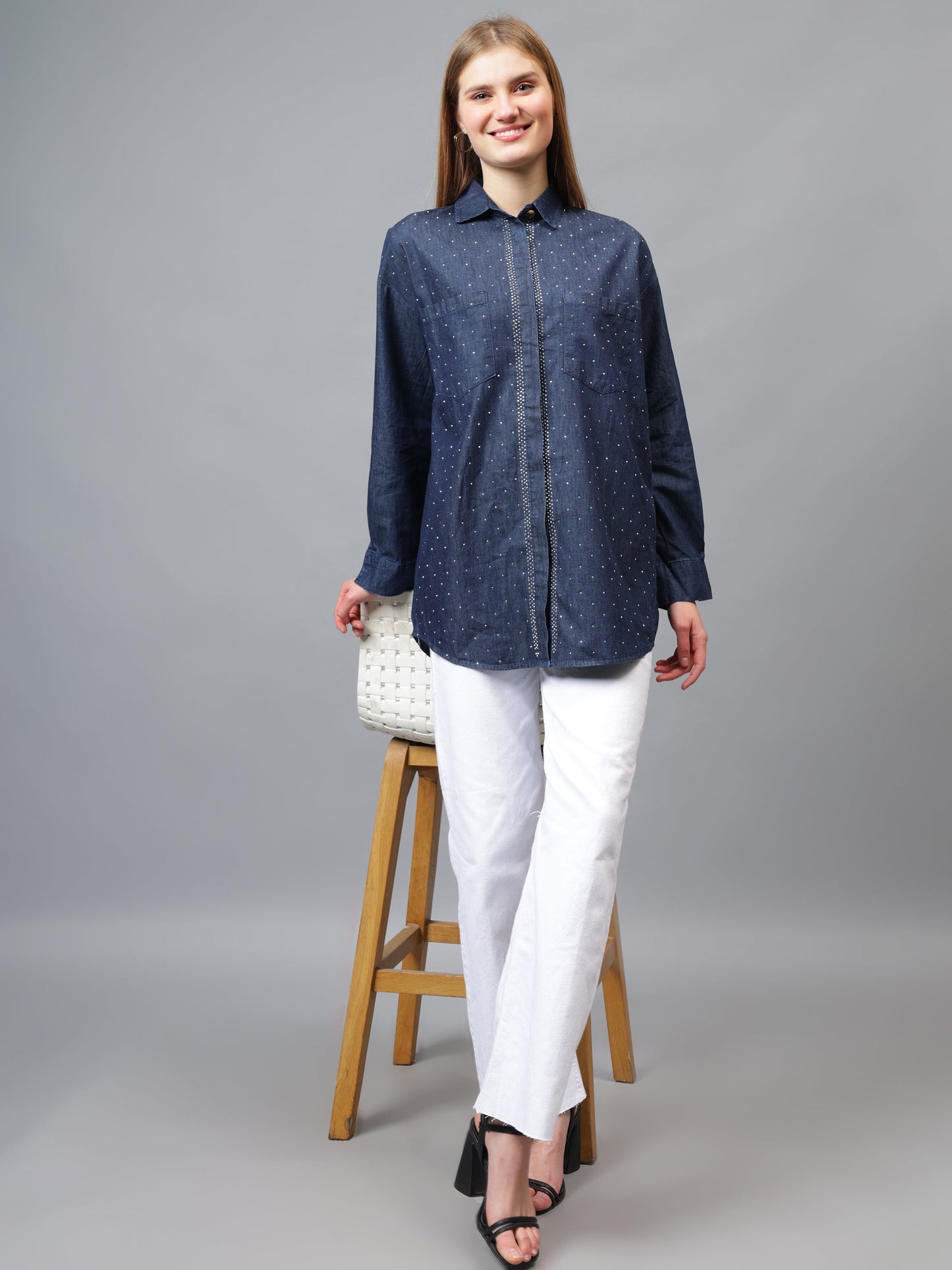 Gaiia Swaroski Studded Blue Denim Shirt - Blue