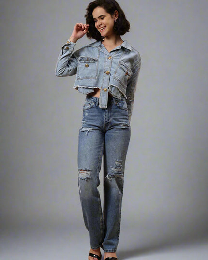 Cropped Sky Blue Denim Jacket