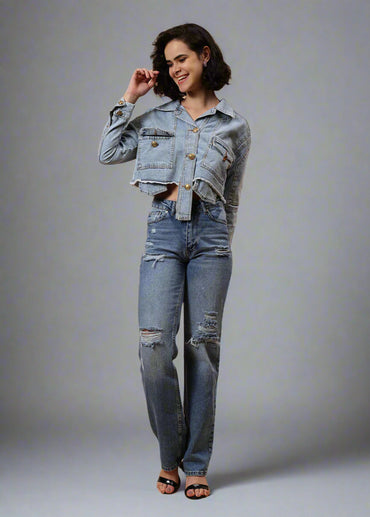 Gaiia Cropped Sky Blue Denim Jacket - Blue