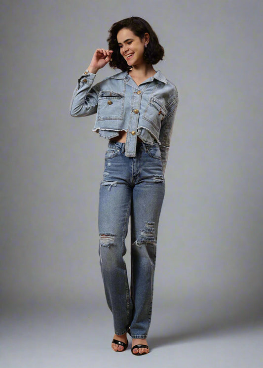 Gaiia Cropped Sky Blue Denim Jacket - Blue