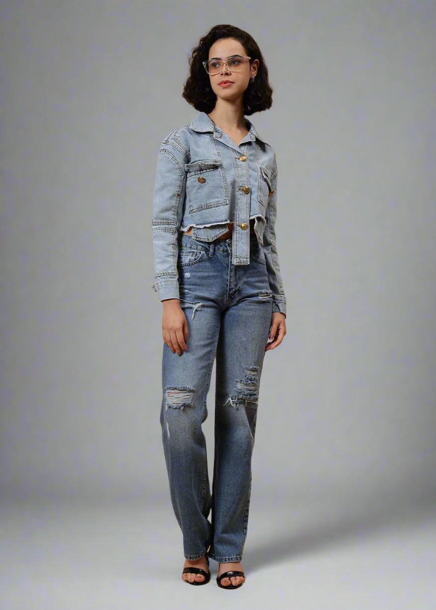 Gaiia Cropped Sky Blue Denim Jacket - Blue