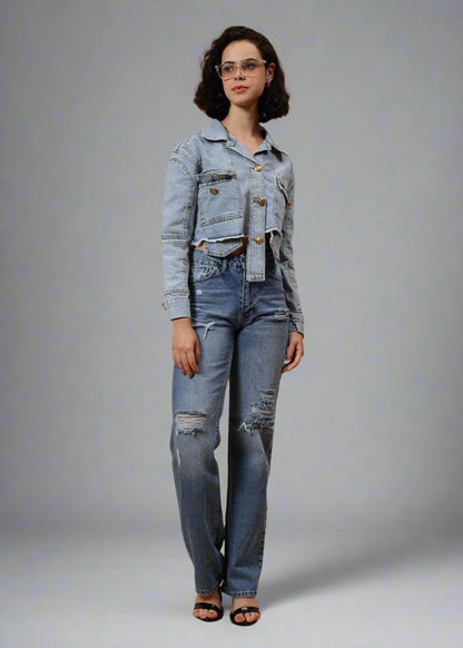 Gaiia Cropped Sky Blue Denim Jacket - Blue