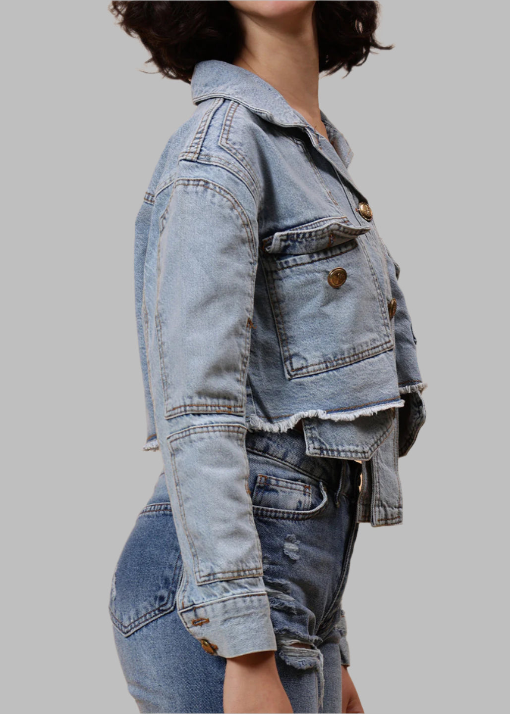 Gaiia Cropped Sky Blue Denim Jacket - Blue