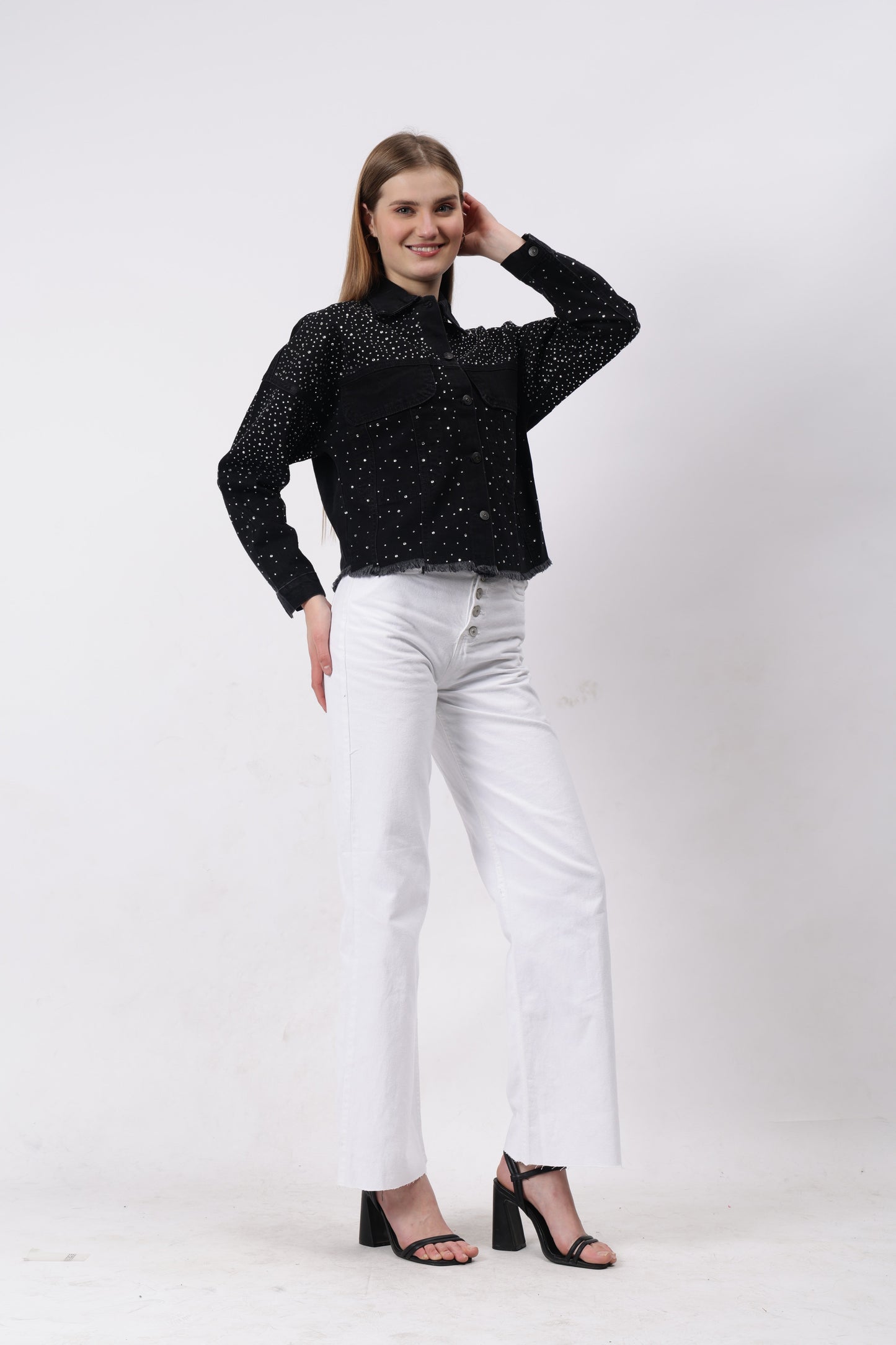 Gaiia Swaroski Studded Black Denim Jacket - Black