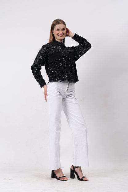 Gaiia Swaroski Studded Black Denim Jacket - Black