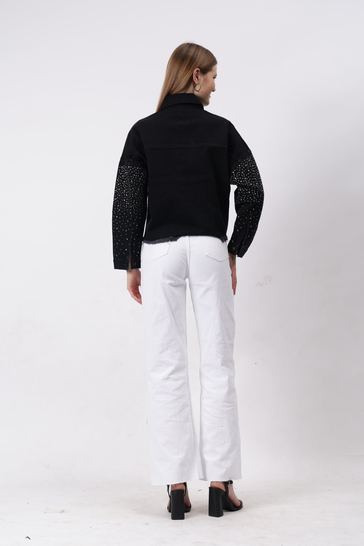 Gaiia Swaroski Studded Black Denim Jacket - Black